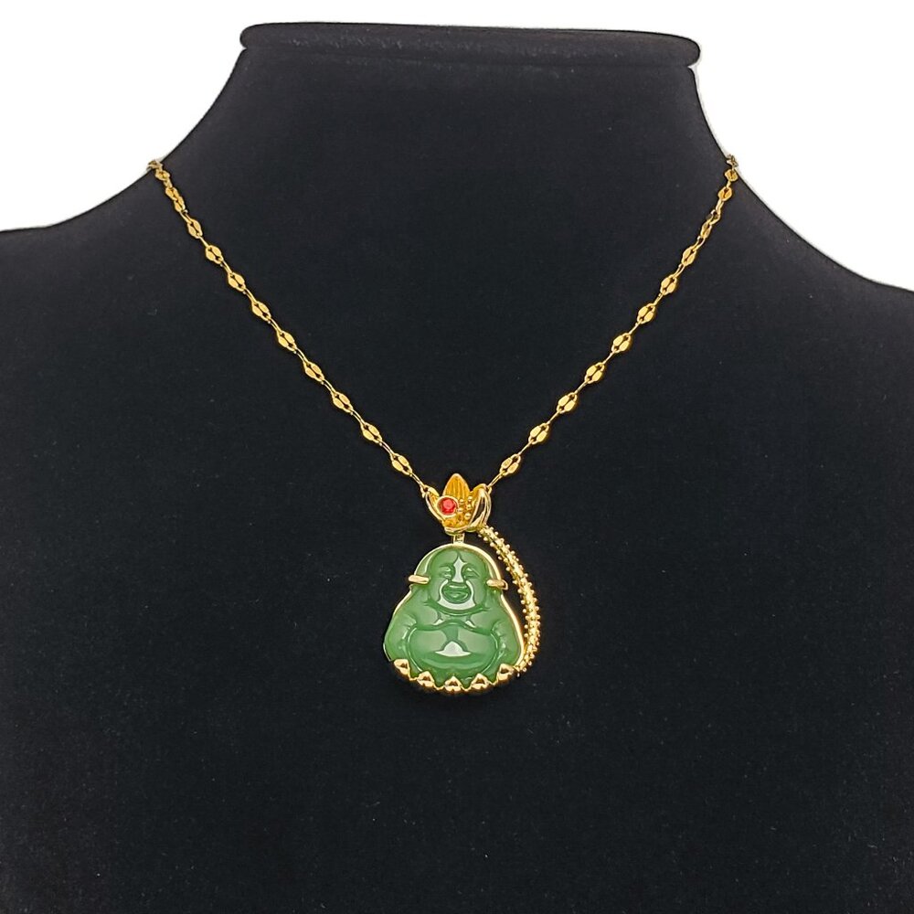 14K Gold Womens .5ct Red Ruby Gemstone Jade Buddha Necklace 14 K Silver Buddah
